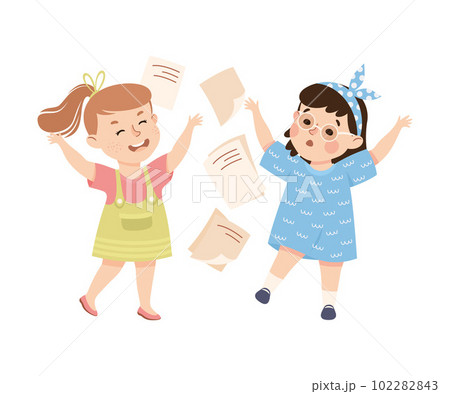 Girl getting bullied by classmate. Girl throwing things of her friend cartoon vector illustration Girl getting bullied by classmate. Girl throwing things of her friend cartoon vector illustration 102282843
