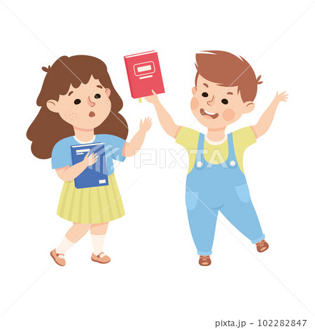 Hoodlum boy taking book from the girl. Cute girl getting bullied by classmate cartoon vector illustration 102282847
