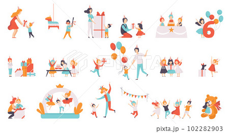 Kids Celebrating Birthday Receiving Gift Box Having Festive Entertainment Big Vector Set Kids Celebrating Birthday Receiving Gift Box Having Festive Entertainment Big Vector Set 102282903