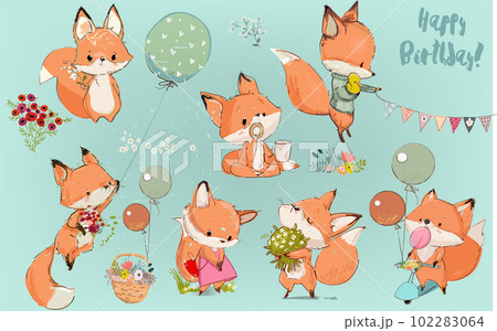 Cute Birthday cartoon fox set with floral wreath Cute Birthday cartoon fox set with floral wreath 102283064