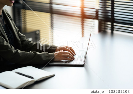 Young economist woman typing business email, analyzing financial market on laptop computer 102283108