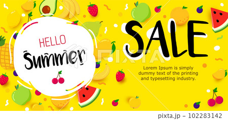 Horizontal summer sale banner with bright fruit on yellow background. 102283142
