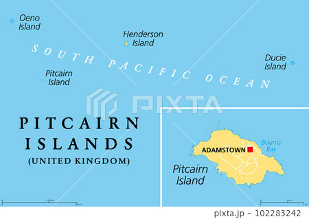 Pitcairn Islands, a British Overseas Territory, political map. Pitcairn, Henderson, Ducie and Oeno Islands. South Pacific volcanic island group. The Mutiny on the Bounty took place on Pitcairn Island. Pitcairn Islands, a British Overseas Territory, political map. Pitcairn, Henderson, Ducie and Oeno Islands. South Pacific volcanic island group. The Mutiny on the Bounty took place on Pitcairn Island. 102283242