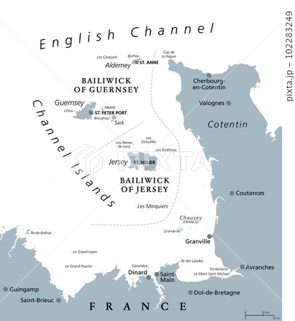 Channel Islands, gray political map. Crown Dependencies Bailiwick of Guernsey and Bailiwick of Jersey. Archipelago in the English Channel, off the coast of France. Remnants of the Duchy of Normandy. 102283249