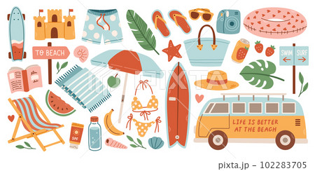 Cute Summer Stickers Set for daily planner. Collection of scrapbooking elements for beach party. Tropical vacation. Cute Summer Stickers Set for daily planner. Collection of scrapbooking elements for beach party. Tropical vacation. 102283705