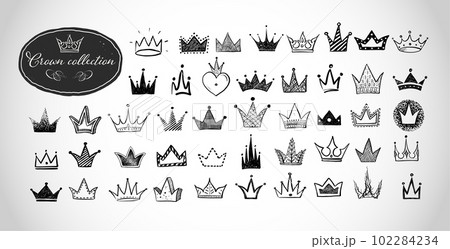 Collection of doodle crowns on white background. Vector sketch illustration. 102284234