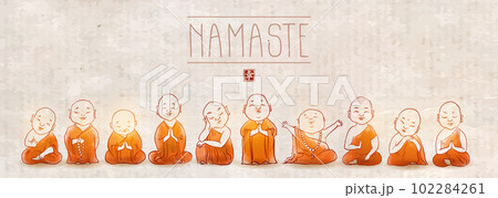 Cute buddhist monks hand drawn with ink. Traditional oriental ink painting sumi-e, u-sin, go-hua. Illustration with Jizo japanese deity. 102284261