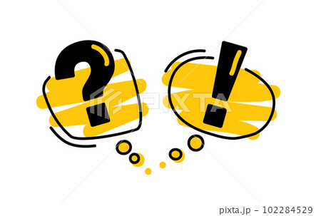 Question and Exclamation mark icon in yellow speech bubble with black line, doodle style. 102284529
