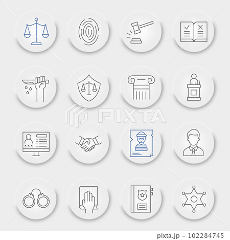 Law line icon set, justice symbols collection, vector sketches, neumorphic UI UX buttons, jurisprudence signs linear pictograms package isolated on white background, eps 10. Law line icon set, justice symbols collection, vector sketches, neumorphic UI UX buttons, jurisprudence signs linear pictograms package isolated on white background, eps 10. 102284745