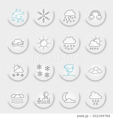 Weather forecast line icon set, climate symbols collection, vector sketches, neumorphic UI UX buttons, meteorology signs linear pictograms package isolated on white background, eps 10. Weather forecast line icon set, climate symbols collection, vector sketches, neumorphic UI UX buttons, meteorology signs linear pictograms package isolated on white background, eps 10. 102284768