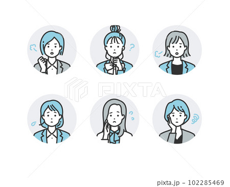 ネガティブな表情のスーツの女性 - ストレスや悩みを抱えるビジネスウーマンのベクターイラスト ネガティブな表情のスーツの女性 - ストレスや悩みを抱えるビジネスウーマンのベクターイラスト 102285469