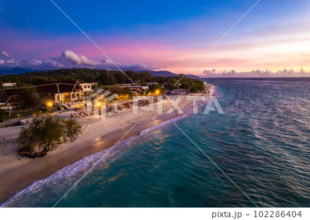 Aerial view of Gili Trawangan beach during sunset in Lombok, Indonesia Aerial view of Gili Trawangan beach during sunset in Lombok, Indonesia 102286404