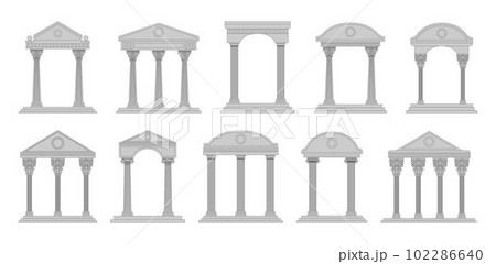 Greek and roman temples. Ancient pillars, line architecture buildings, pediment with Doric columns, building facade with carved stone white colonnade decoration. Vector tidy isolated illustration set 102286640