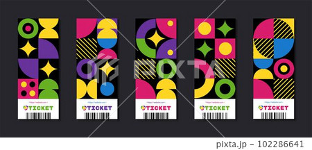 Geometric shape tickets. Abstract pattern posters. Simple Bauhaus art. Colorful circle and triangle figures. Logo and pass barcode. Minimal graphic design labels set. Vector tidy modern illustration 102286641