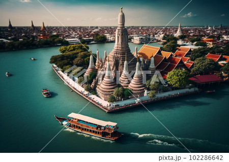 Aerial view of Wa Arun with long tail boat, in Bangkok, Thailand. Generative AI Aerial view of Wa Arun with long tail boat, in Bangkok, Thailand. Generative AI 102286642