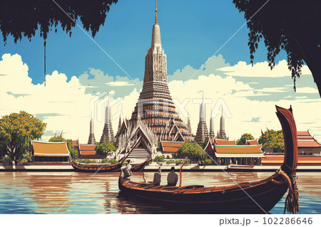 Wat Arun during the day with blue sky with long tail boat, in Bangkok, Thailand. Generative AI 102286646