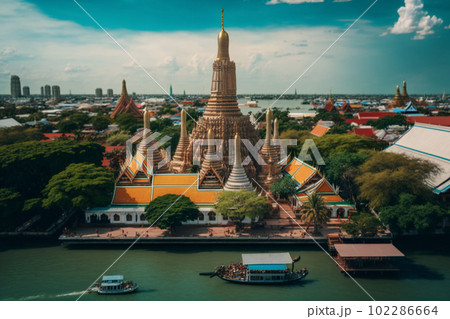 Aerial view of Wa Arun with long tail boat, in Bangkok, Thailand. Generative AI 102286664