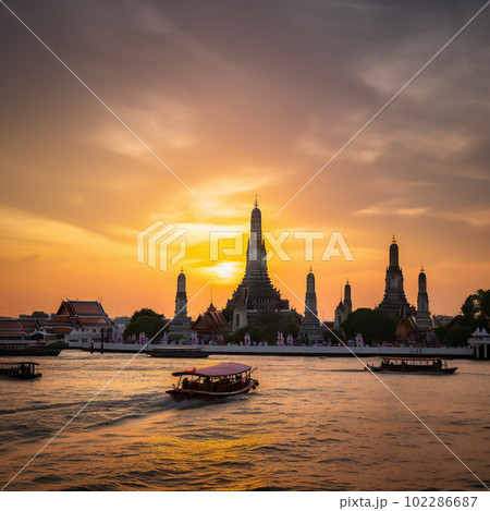 Wat Arun at sunset with long tail boat, in Bangkok, Thailand. Generative AI Wat Arun at sunset with long tail boat, in Bangkok, Thailand. Generative AI 102286687