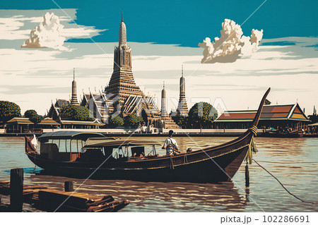 Wat Arun during the day with blue sky with long tail boat, in Bangkok, Thailand. Generative AI 102286691