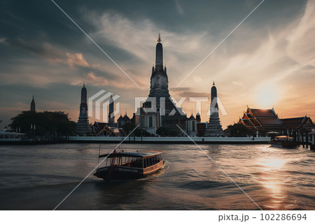 Wat Arun at sunset with long tail boat, in Bangkok, Thailand. Generative AI Wat Arun at sunset with long tail boat, in Bangkok, Thailand. Generative AI 102286694