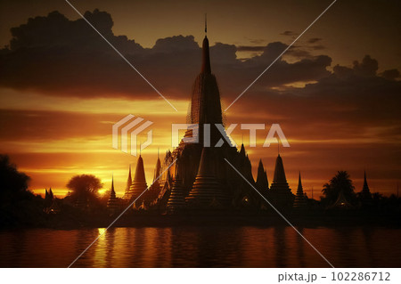 Wat Arun at sunset with long tail boat, in Bangkok, Thailand. Generative AI Wat Arun at sunset with long tail boat, in Bangkok, Thailand. Generative AI 102286712
