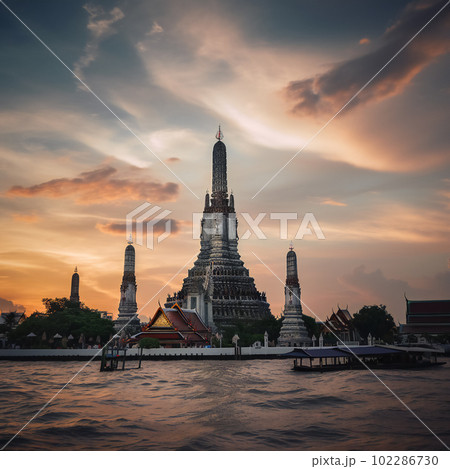 Wat Arun at sunset with long tail boat, in Bangkok, Thailand. Generative AI 102286730