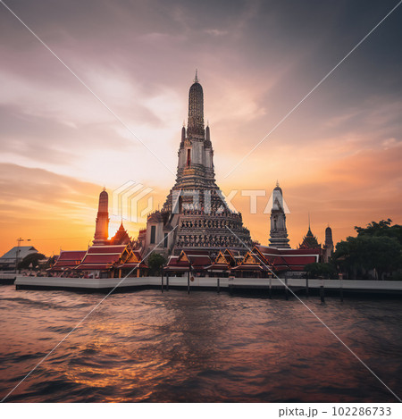 Wat Arun at sunset with long tail boat, in Bangkok, Thailand. Generative AI 102286733