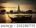 Wat Arun at sunset with long tail boat, in Bangkok, Thailand. Generative AI 102286735