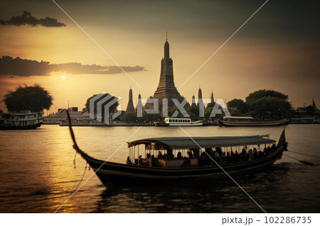 Wat Arun at sunset with long tail boat, in Bangkok, Thailand. Generative AI Wat Arun at sunset with long tail boat, in Bangkok, Thailand. Generative AI 102286735