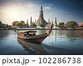 Wat Arun at sunset with long tail boat, in Bangkok, Thailand. Generative AI 102286738