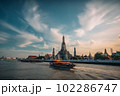 Wat Arun at sunset with long tail boat, in Bangkok, Thailand. Generative AI 102286747