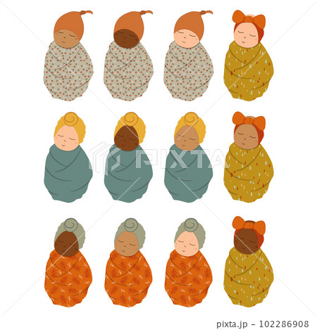 Cute sleeping newborn babies set. Vector illustration. Cute sleeping newborn babies set. Vector illustration. 102286908