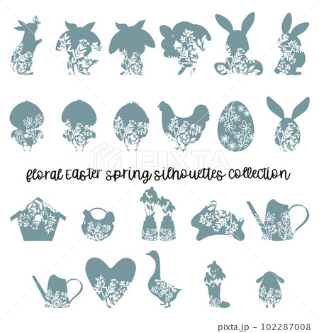 Happy Easter plants and animal floral silhouettes. Happy Easter plants and animal floral silhouettes. 102287008