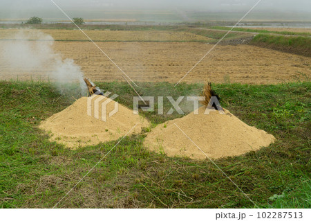 朝霧が立ち込める中で籾殻焼きを行っている風景7 岡山県美作市 朝霧が立ち込める中で籾殻焼きを行っている風景7 岡山県美作市 102287513