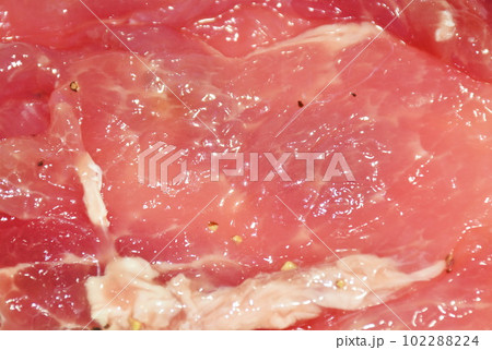raw slice pork fermenting in black pepper sauce arranging on white background 102288224