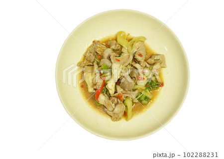 spicy stir-fried chicken gizzard couple liver with yard long bean and chili on plate  102288231