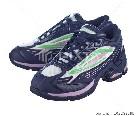 Beautiful pair of men's blue sneakers with colored inserts, on a sports polyurethane sole, isolated on a white background. 102288399