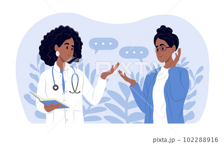 World Parkinson's disease day. A doctor informs an elderly woman about Parkinson's disease. Parkinson's Disease awareness month. 102288916