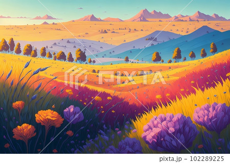 Rural landscape, a field of wildflowers. AI generated illustration Rural landscape, a field of wildflowers. AI generated illustration 102289225