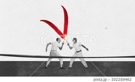 Contemporary art collage with two men fencing by chili pepper instead of sword over monochrome background. Duel 102289462