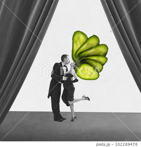 Contemporary art collage with couple in retro clothes, man and woman with cucumber instead haircut kissing over black and white background 102289478