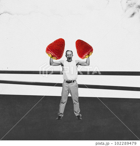 Contemporary art collage with screaming man doing sport exercise and using strawberries like dumbbells over black and white background Contemporary art collage with screaming man doing sport exercise and using strawberries like dumbbells over black and white background 102289479
