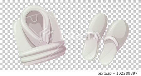 White folded bathrobe and slippers. Comfortable clothes for the spa, after taking a bath. Concept for self-care. Trendy vector illustration. 102289897