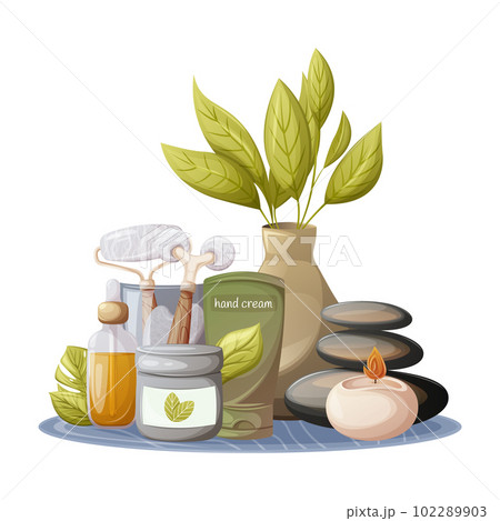 Accessories for self-care and relaxation. Cream for body, face and hand, balance of spa stones, glass cup with gua sha tools, oil serum, burning candle. Health and beauty. Trendy vector illustration Accessories for self-care and relaxation. Cream for body, face and hand, balance of spa stones, glass cup with gua sha tools, oil serum, burning candle. Health and beauty. Trendy vector illustration 102289903