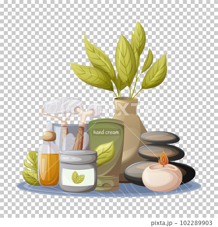 Accessories for self-care and relaxation. Cream for body, face and hand, balance of spa stones, glass cup with gua sha tools, oil serum, burning candle. Health and beauty. Trendy vector illustration Accessories for self-care and relaxation. Cream for body, face and hand, balance of spa stones, glass cup with gua sha tools, oil serum, burning candle. Health and beauty. Trendy vector illustration 102289903