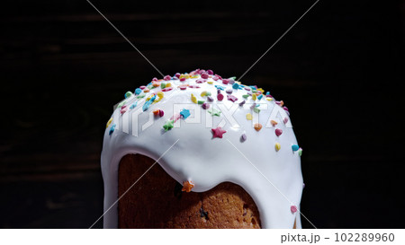 Easter cake decoration colorful decorative sprinkles on dark studio background Easter cake decoration colorful decorative sprinkles on dark studio background 102289960