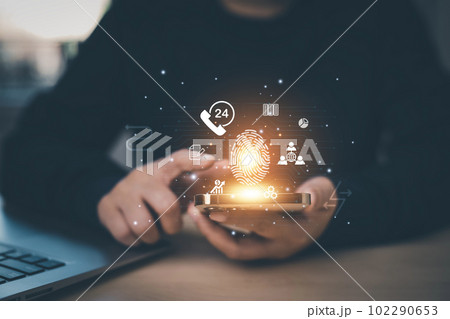 Smartphone with fingerprint virtual global with cyber security, Login, User, identification information security and encryption, secure access to users personal information, secure Internet access, 102290653