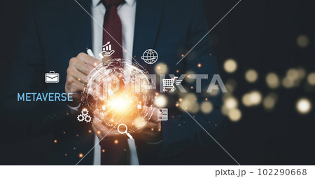 New metaverse with icon business concept,Business hand holding a virtual globe with financial icons future technology, business goals, online communication,graph Screen Icon of a media screen,big data New metaverse with icon business concept,Business hand holding a virtual globe with financial icons future technology, business goals, online communication,graph Screen Icon of a media screen,big data 102290668