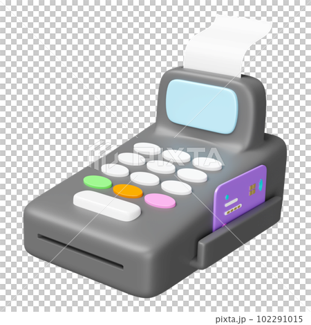 3d payment machine or pos terminal float with credit card, electronic bill payment, invoice or paper check receipt isolated. 3d render illustration 102291015