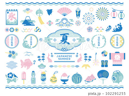 夏の素材と和風フレームのデザインセット 夏の素材と和風フレームのデザインセット 102291255